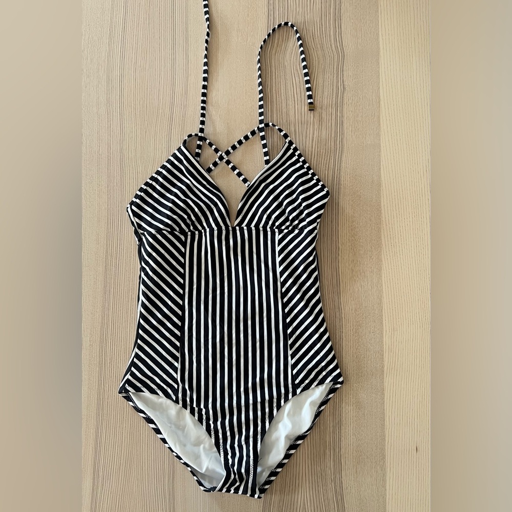 Lands' End Black and White Striped Swimsuit